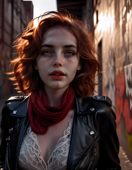 In a gritty, noir-inspired cityscape at twilight, the camera is positioned from a low angle, capturing a close-up of M4R150L - a striking woman with auburn hair cascading in loose waves around her shoulders, framing her face. Her eyes, deep brown and full of intrigue, are locked onto the viewer's, while her lips part slightly in a seductive, enigmatic smile. The harsh, directional light from the setting sun casts dramatic shadows across her freckled face and high cheekbones, emphasizing the sensual curve of her full, crimson lips. Wearing a unique outfit that blends elements of vintage glamour with modern edge - a black leather jacket adorned with silver studs, a lace-trimmed white blouse, and a red scarf tied around her neck - she exudes an air of mystery and allure. Her breasts are subtly accentuated by the low cut of her jacket, and her long, slender fingers playfully trace the edge of the scarf as she leans against a rusty, graffiti-covered alley wall, projecting an aura of self-assuredness and confidence that leaves the viewer captivated.