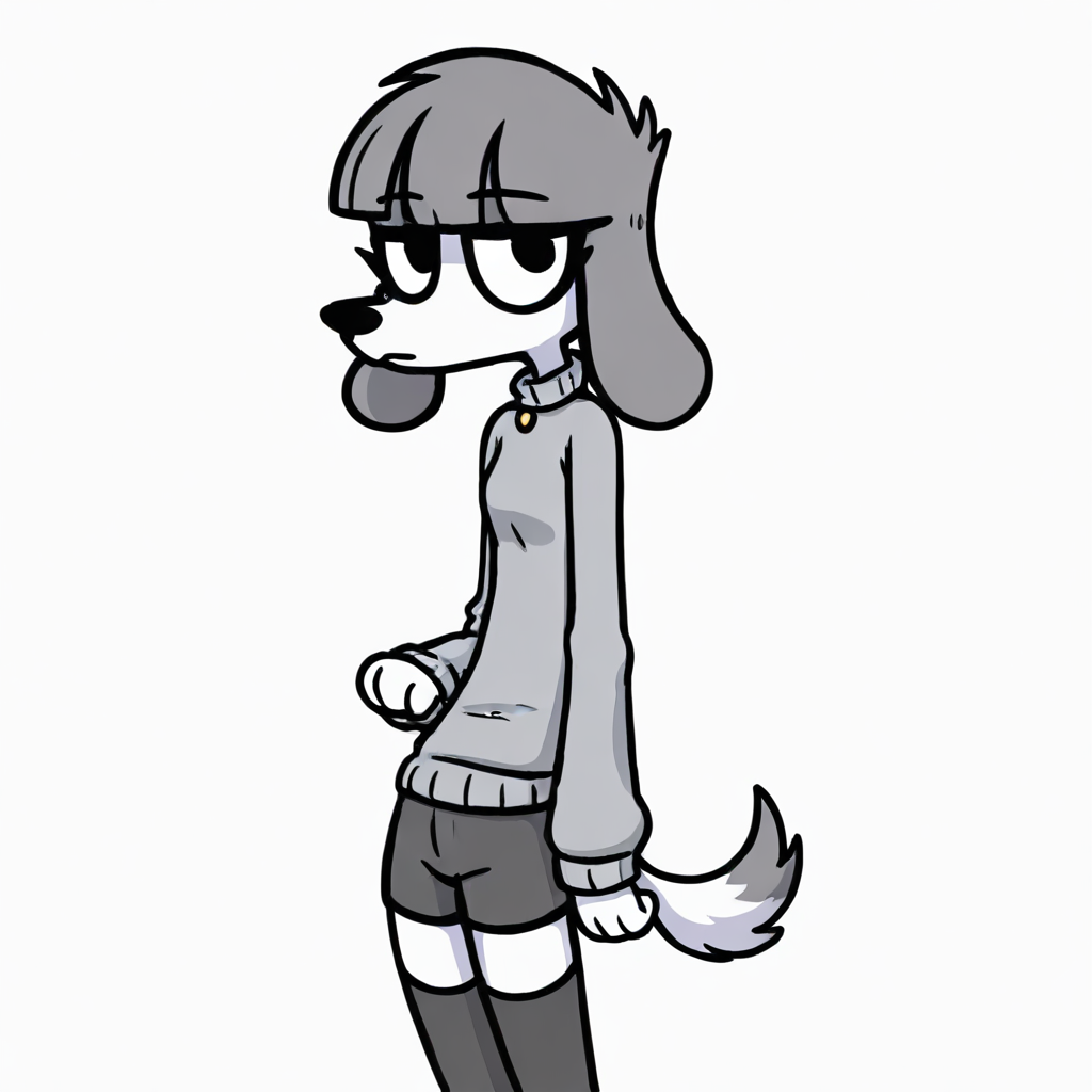 1girl, gray hair, short hair, furry, anthro dog, dog ears, dog tail,  white fur, ((grey sweater, black shorts, black thighhighs))