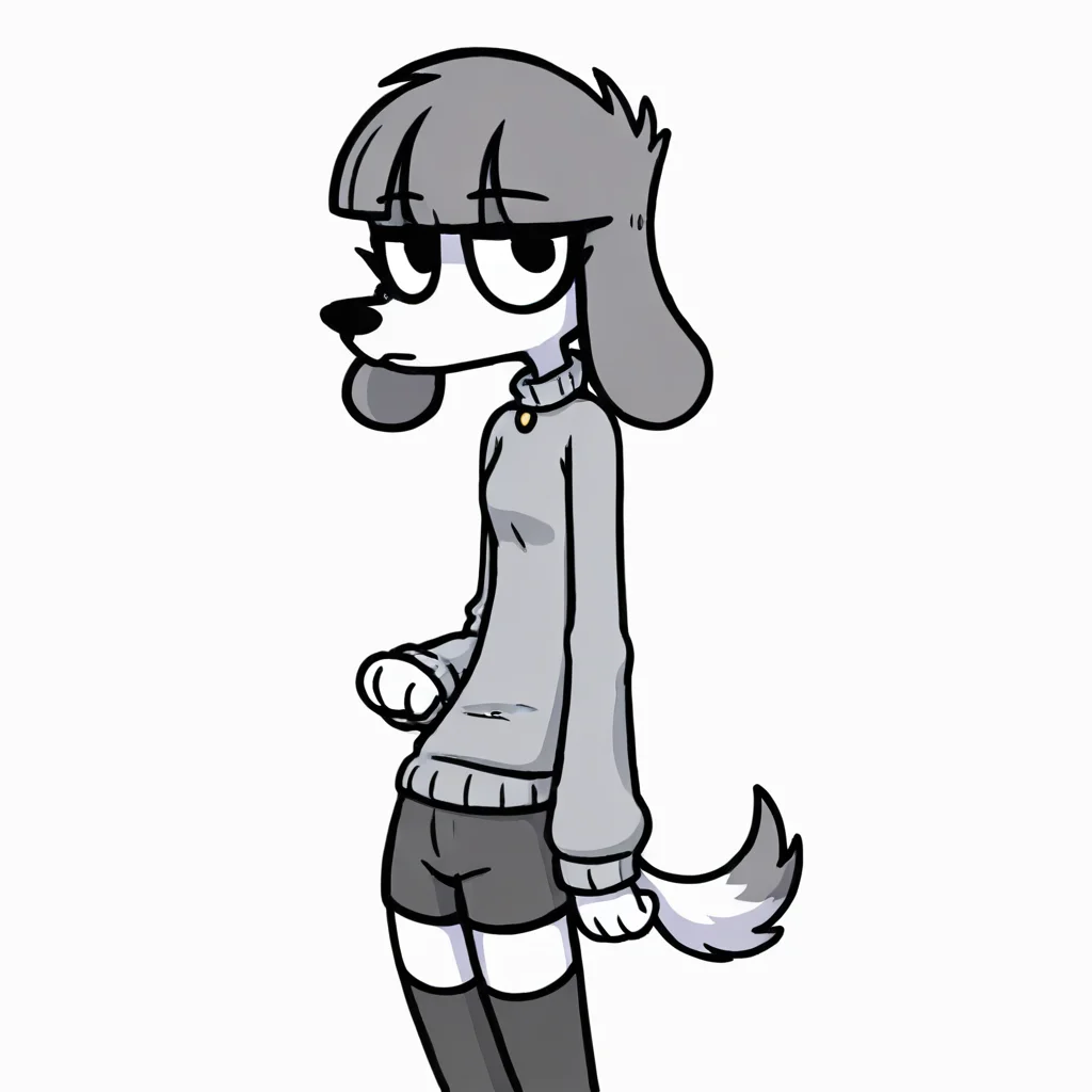 1girl, gray hair, short hair, furry, anthro dog, dog ears, dog tail,  white fur, ((grey sweater, black shorts, black thighhighs))