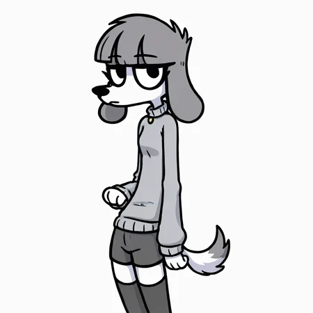 1girl, gray hair, short hair, furry, anthro dog, dog ears, dog tail,  white fur, ((grey sweater, black shorts, black thighhighs))