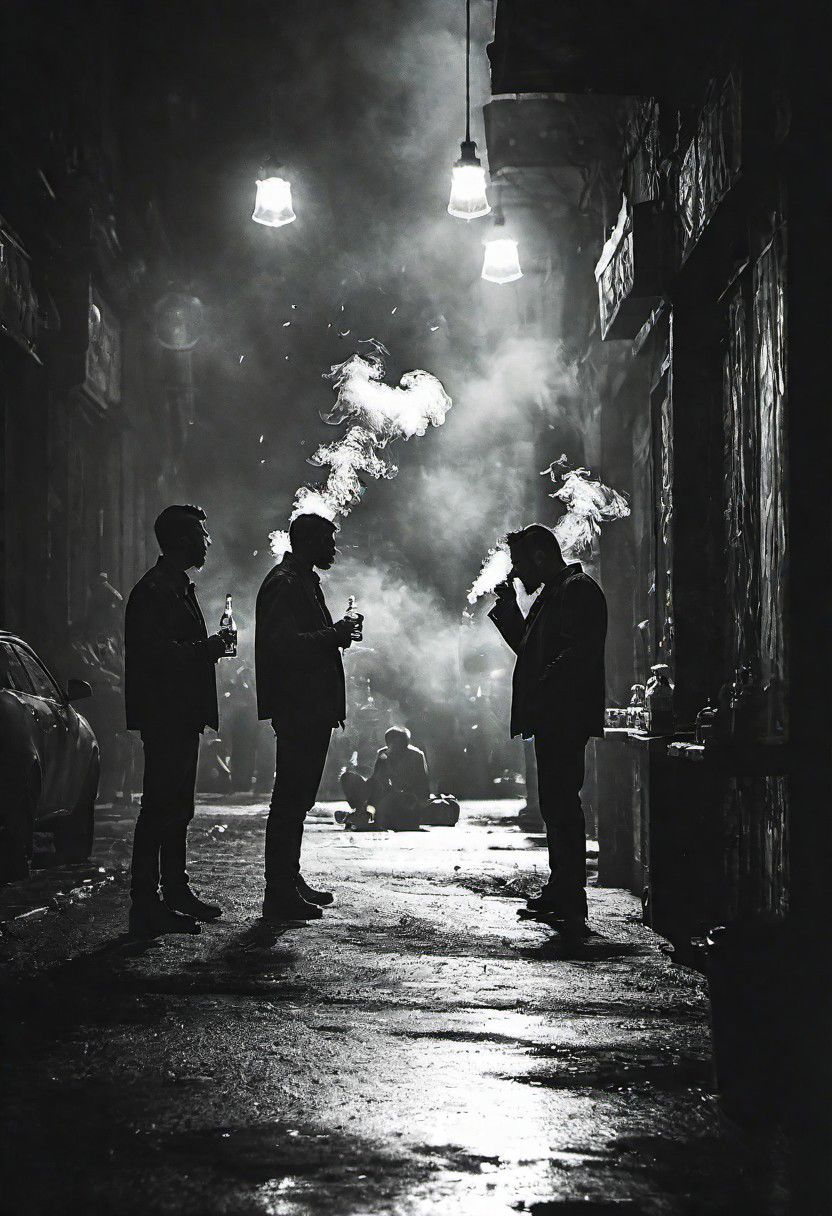 cinematic photo dark photo of a dangerous group of men smoking, drinking, and breaking bottles, on a dark city street, <lora:Into_Darkness:1>, 35mm cinematic, film, bokeh,  professional, 4k, highly detailed, 35mm photograph, film, bokeh,  professional, 4k, highly detailed
