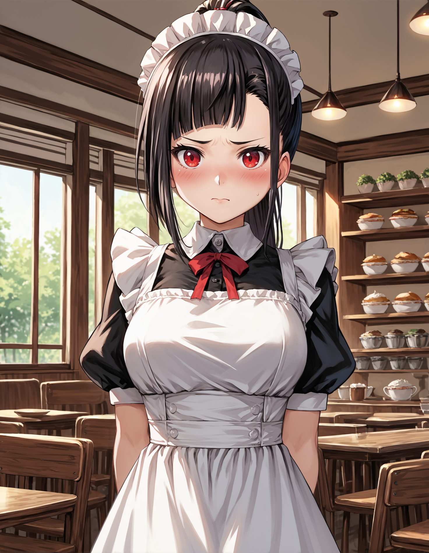 score_9, score_8_up, source_anime, 1girl, upper body, medium shot, detailed, mgrcsasaraminagi, black hair, high ponytail, asymmetrical bangs, red eyes, maid headwear, maid outfit, apron, hands behind back, blush, (embarrassed:0.8), indoors, cafe, <lora:mgrcsasaraminagi_XL:0.85>