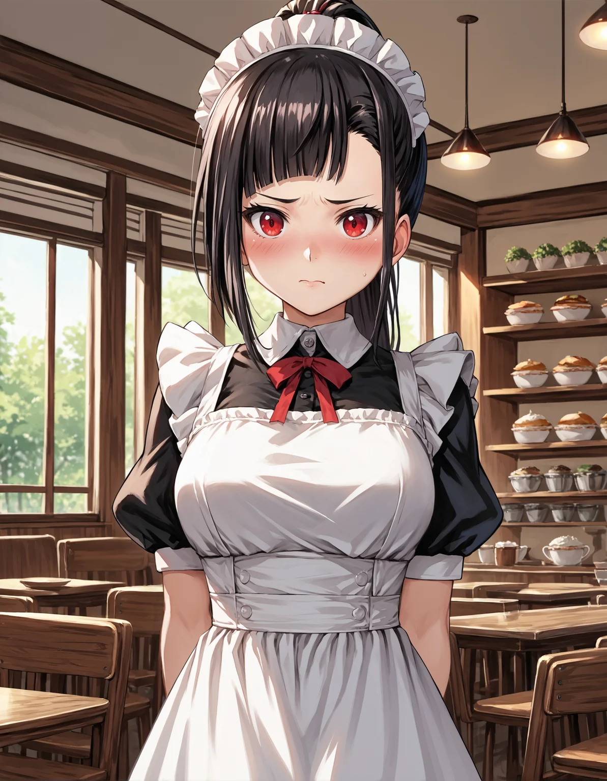 score_9, score_8_up, source_anime, 1girl, upper body, medium shot, detailed, mgrcsasaraminagi, black hair, high ponytail, asymmetrical bangs, red eyes, maid headwear, maid outfit, apron, hands behind back, blush, (embarrassed:0.8), indoors, cafe, <lora:mgrcsasaraminagi_XL:0.85>