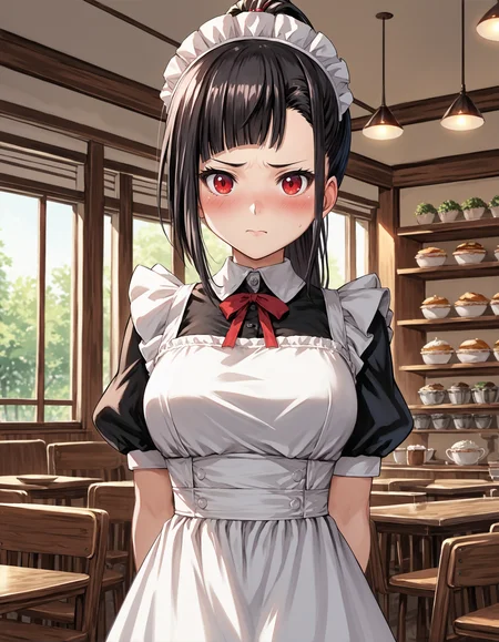 score_9, score_8_up, source_anime, 1girl, upper body, medium shot, detailed, mgrcsasaraminagi, black hair, high ponytail, asymmetrical bangs, red eyes, maid headwear, maid outfit, apron, hands behind back, blush, (embarrassed:0.8), indoors, cafe, <lora:mgrcsasaraminagi_XL:0.85>