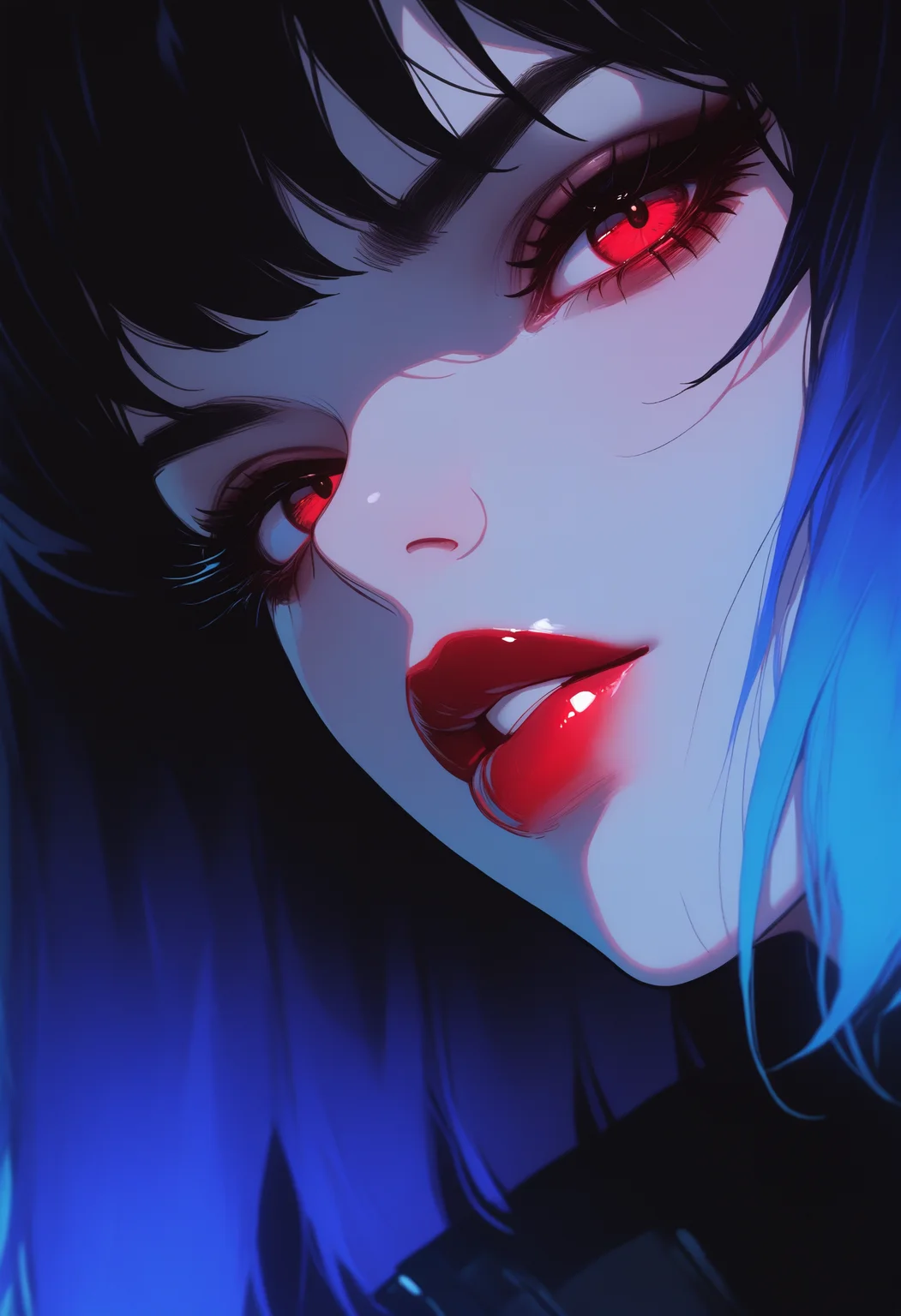 masterpiece, best quality, good quality, newest, highres, absurdres,1girl, solo, looking at viewer, black hair, red eyes, blue hair, multicolored hair, parted lips, lips, portrait, close-up, red lips, dynamic pose, melanch0ly, retro anime <lora:illustriousXL_stabilizer_v1.23:0.3> <lora:NOOB_vp1_detailer_by_volnovik_v1:0.3> <lora:ponyv6_noobE11_2_adamW-000017:0.45> <lora:XXX667:0.7> <lora:MelancholyAnime:0.8>