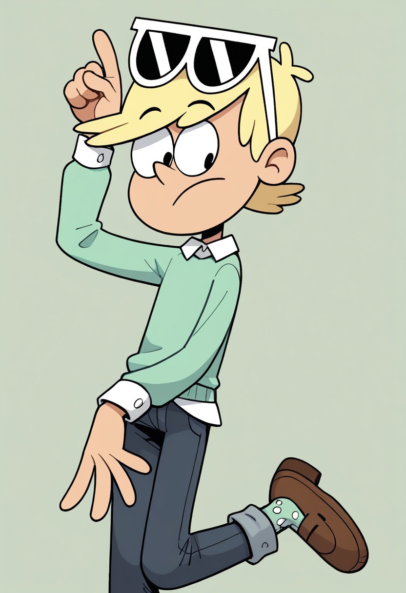(score_9 | score_8_up | score_7_up) ((masterpiece:1))(best quality,very high quality,ultra detailed:1.2) (2D,cartoon style,anime style)(Smooth:2)(clean blurring) (four fingers on each hand,one thumb on each hand:1), Loni loud, solo, 1boy, Blonde hair, short Blonde hair, light Green silk sweater with a white long-sleeved shirt underneath, dark blue jeans, sunglasses, light Green socks with white spots, Brown dress shoes