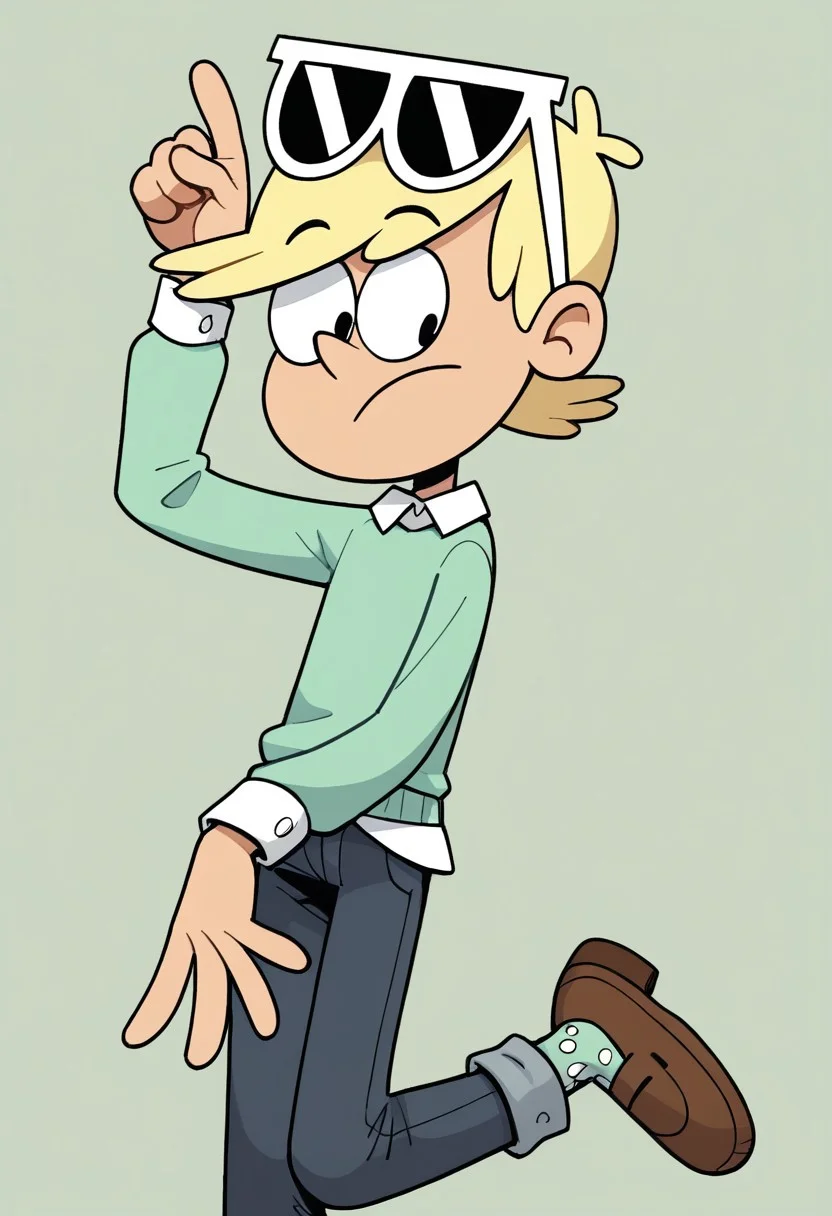 (score_9 | score_8_up | score_7_up) ((masterpiece:1))(best quality,very high quality,ultra detailed:1.2) (2D,cartoon style,anime style)(Smooth:2)(clean blurring) (four fingers on each hand,one thumb on each hand:1), Loni loud, solo, 1boy, Blonde hair, short Blonde hair, light Green silk sweater with a white long-sleeved shirt underneath, dark blue jeans, sunglasses, light Green socks with white spots, Brown dress shoes