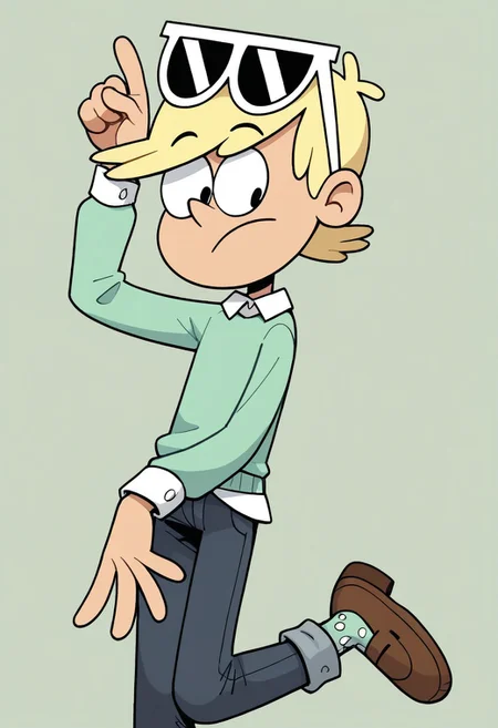 (score_9 | score_8_up | score_7_up) ((masterpiece:1))(best quality,very high quality,ultra detailed:1.2) (2D,cartoon style,anime style)(Smooth:2)(clean blurring) (four fingers on each hand,one thumb on each hand:1), Loni loud, solo, 1boy, Blonde hair, short Blonde hair, light Green silk sweater with a white long-sleeved shirt underneath, dark blue jeans, sunglasses, light Green socks with white spots, Brown dress shoes