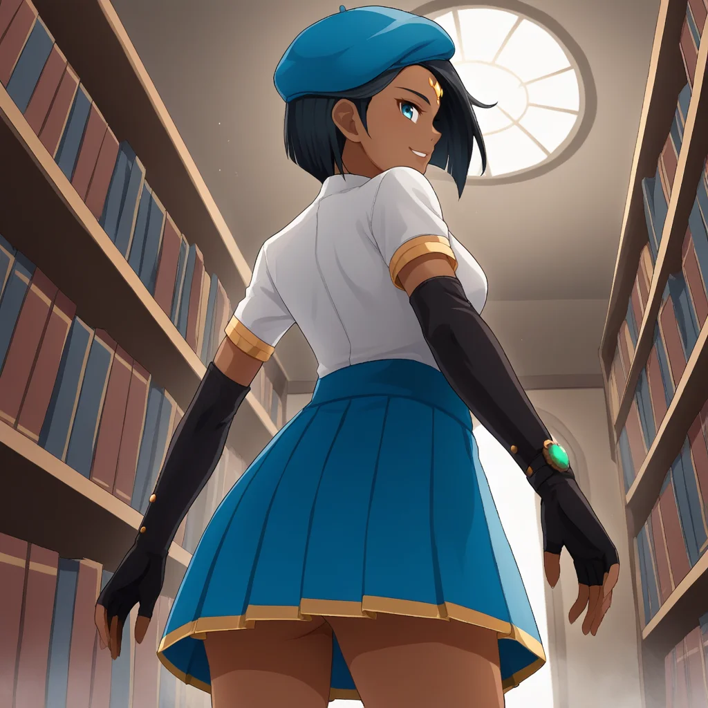 score_9, score_8_up, score_7_up, score_6_up, score_5_up, score_4_up, zPDXL2,source_anime,rating_questionable,from behind, low angle, mature woman, cowboy shot, smile, god-rays, library, <lora:Ciel_Soleil_-_RWBY:0.8>Ciel_RWBY, blue eyes, beret, short hair, forehead jewel, dark-skinned female, black hair, fingerless gloves, white shirt, short sleeves, pleated skirt, black gloves, blue skirt, elbow gloves