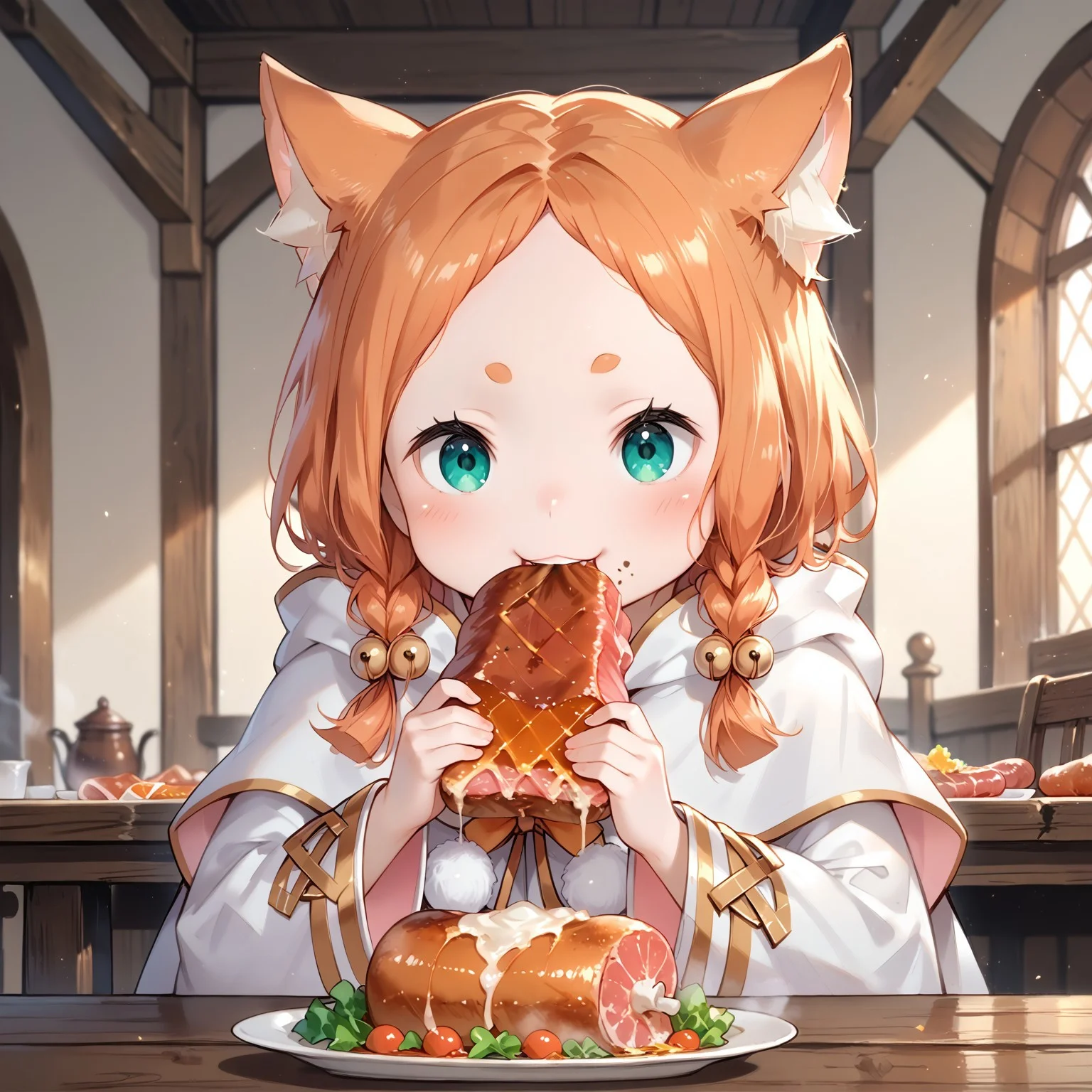 score_9, score_8_up, score_7_up, source_anime, 1girl,(ultra HD quality details), anime, mimipearl, white robe, hooded capelet, sleeves past wrists, tail, pom pom \(clothes\), sitting at table, holding boned_meat, holding food, steam on meat, eating, big bite, happy, bliss, delicious, :3, (detailed image, high resolution, 5k resolution:1.0), medieval tavern, sunset lighting