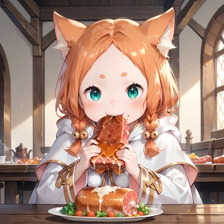 score_9, score_8_up, score_7_up, source_anime, 1girl,(ultra HD quality details), anime, mimipearl, white robe, hooded capelet, sleeves past wrists, tail, pom pom \(clothes\), sitting at table, holding boned_meat, holding food, steam on meat, eating, big bite, happy, bliss, delicious, :3, (detailed image, high resolution, 5k resolution:1.0), medieval tavern, sunset lighting