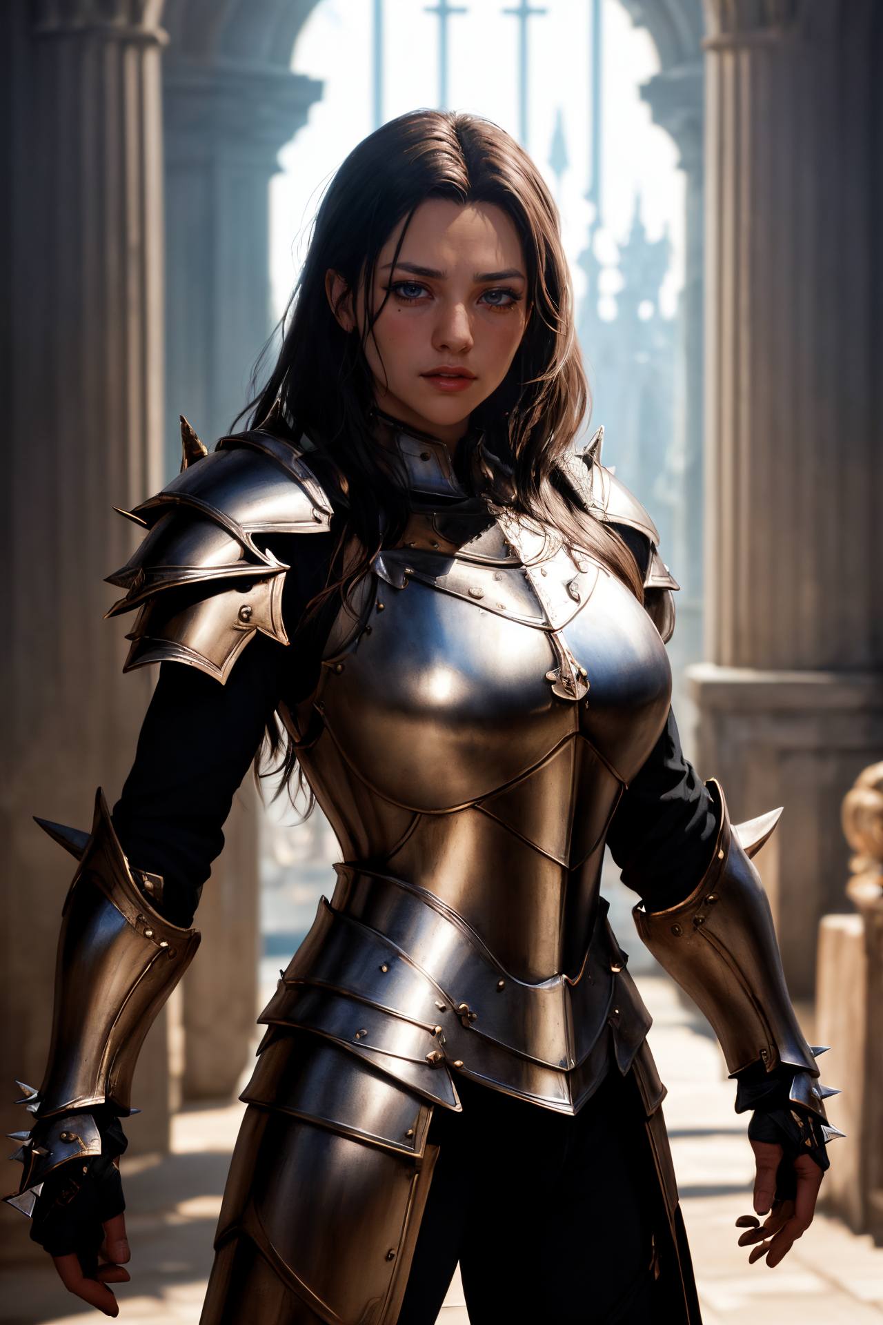 a portrait of a female paladin adorned in holy armor, spiked armor,  standing, intricate background, fantasy, lifelike, 
masterpiece, best quality, intricate detail, high background detail, high contrast,   <lora:emotion_angry_slider_v1:1> raytracing,  <lora:backlight_slider_v10:-1> <lora:contrast_slider_v10:2>,  <lora:skin_slider_v10:0.5>