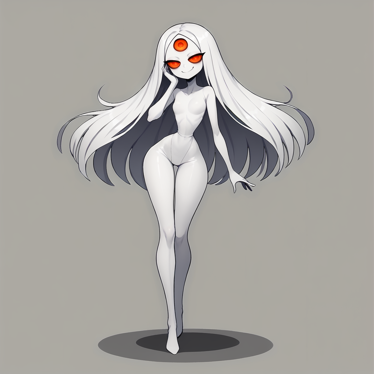 1hr9y9, <lora:1hr9y9-10:1.0>, narrow waist, long hair,  smug, extra eyes,  looking to back, looking at viewer, hand on own face, full body, dynamic pose, on side,