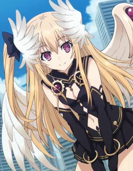 score_9, score_8_up, score_7_up, source_anime,
dalmayuri, <lora:dal-mayuri-movie-ponyxl-lora-nochekaiser:1>,
mayuri, long hair, blonde hair, hair between eyes, hair bow, one side up, bow, purple eyes,
gloves, dress, navel, wings, elbow gloves, black dress, clothing cutout, head wings, skirt, black skirt, pleated skirt, cleavage,
outdoors, cityscape, bent over, smile,
solo, dutch angle, looking at viewer, cowboy shot,