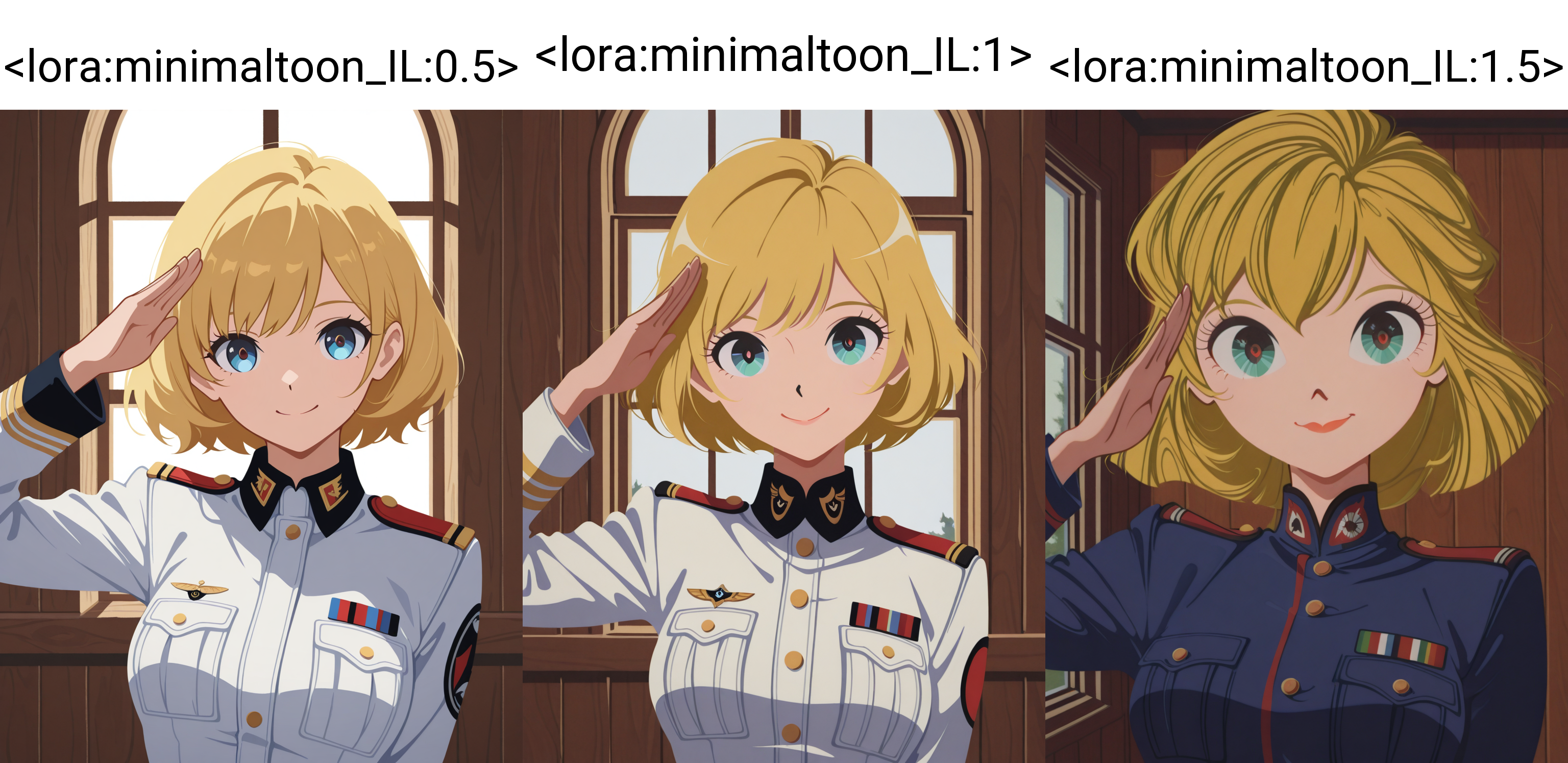 masterpiece,best quality,higres illustration,detailed face,1girl,<lora:minimaltoon_IL:0.5>,minimalism,looking at viewer,smile,upper body,military uniform,salute,blonde hair,window,wooden wall