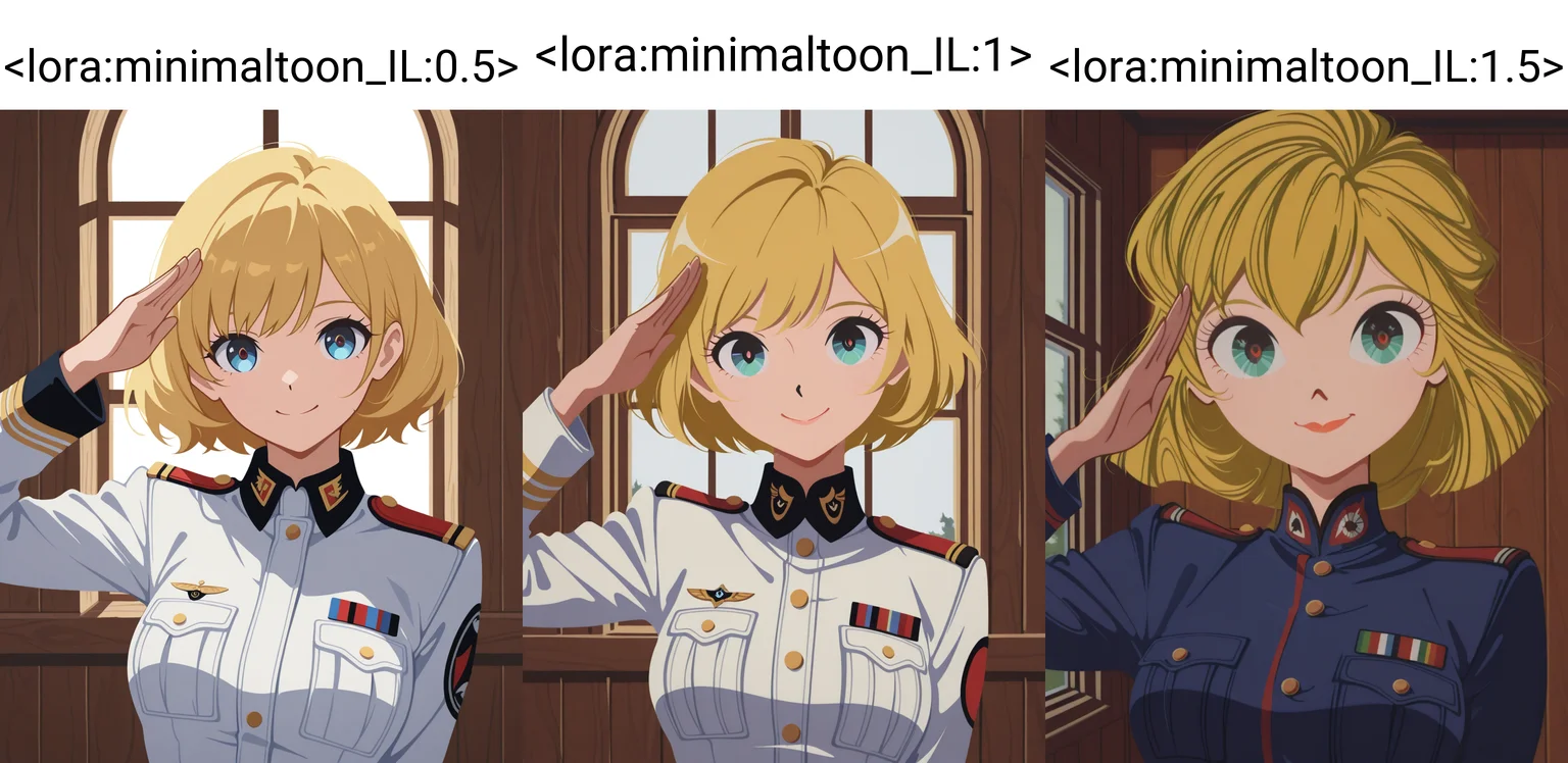masterpiece,best quality,higres illustration,detailed face,1girl,<lora:minimaltoon_IL:0.5>,minimalism,looking at viewer,smile,upper body,military uniform,salute,blonde hair,window,wooden wall