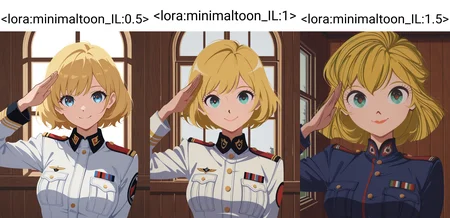 masterpiece,best quality,higres illustration,detailed face,1girl,<lora:minimaltoon_IL:0.5>,minimalism,looking at viewer,smile,upper body,military uniform,salute,blonde hair,window,wooden wall