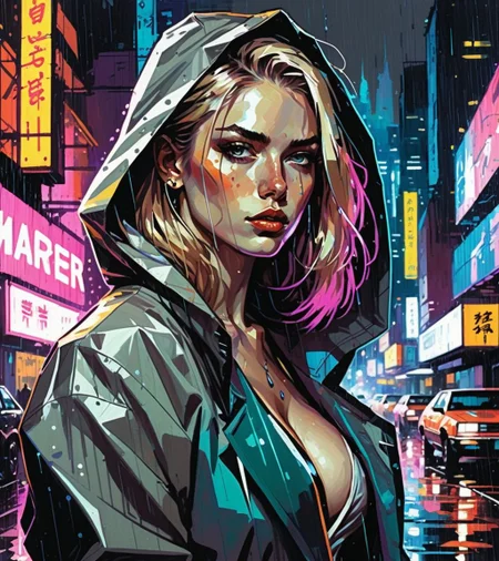 (Sara Foster,a girl with a beautiful face), nighttime, cyberpunk city, dark, raining, neon lights, ((Wearing a blazer over a hoodie)), blazer, hoodie,(cyberpunk 2077 cityscape), (<lora:DiscoDeliriumXL-v1.2:0.5> disco elysium ), cyberpunk 2077, cyberpunk, synthwave, 1980s, futurism, brutalism, neuromancer, cinematic photo, art by Agnes Cecile,art by Masamune Shirow, art by J.C. Leyendecker