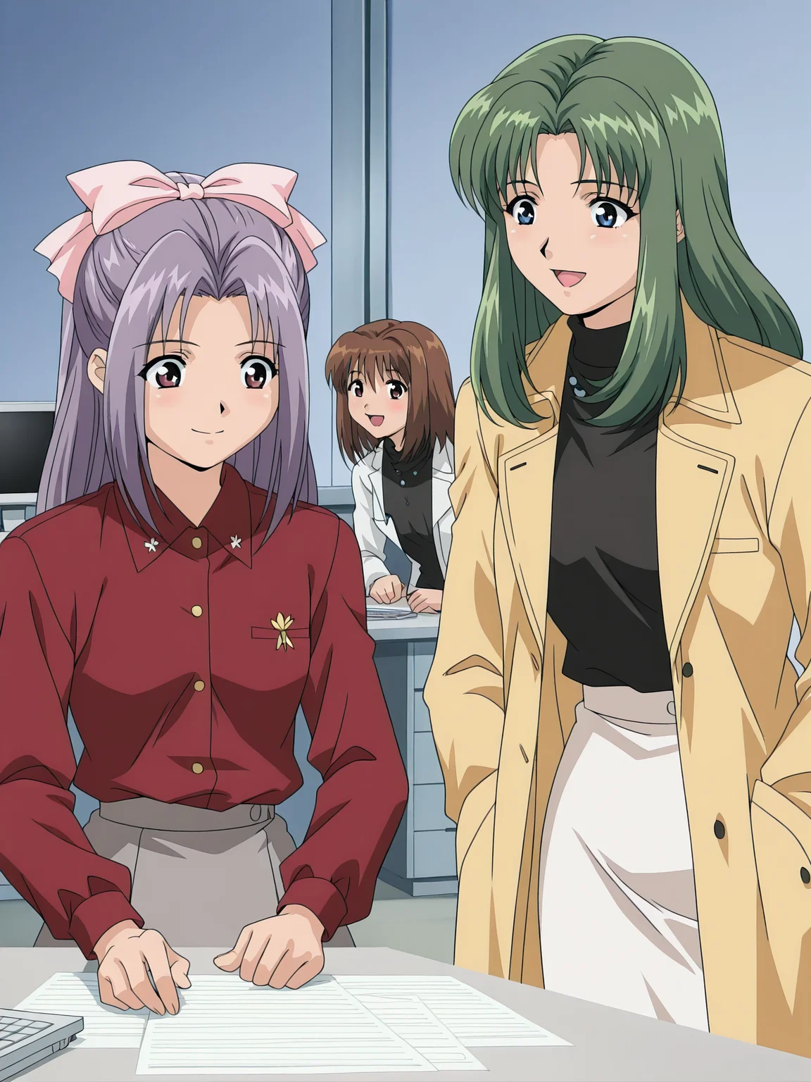 <lora:yakin-kaidan-illustrious-000004:0.9> 2girls, office, computer, desk, happy, masterpiece, best quality
2girls, koigakubo, hair bow, school uniform, red shirt, skirt
2girls, jin5uuj1, green hair, yellow coat, open coat, turtleneck, black shirt, miniskirt, white skirt