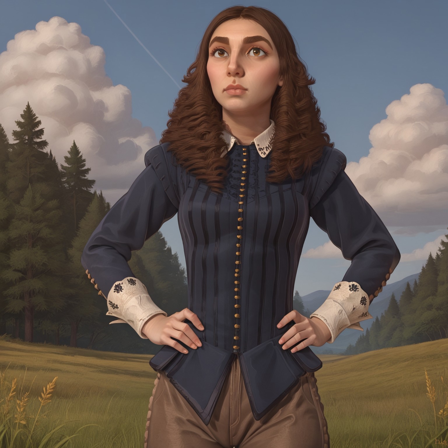 1girl, solo, kristina, long hair, brown hair, dress shirt, brown pants, big nose, thick eyebrows, standing with hands on hips on a grassy hillside with wind in her hair, blue sky with clouds, trees in background