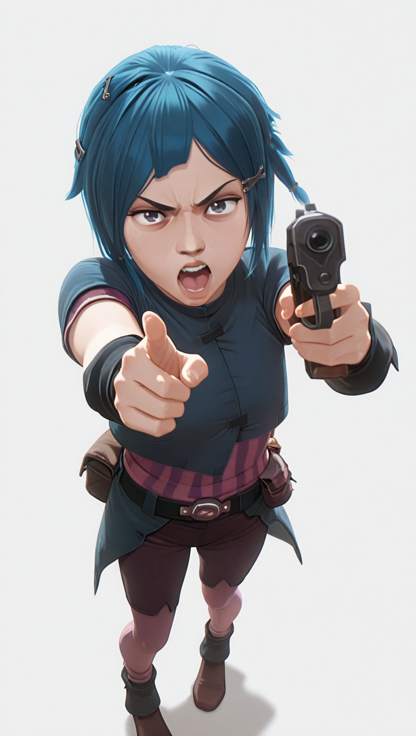 absurdres, masterpiece, best quality, 8k, PowderS1, 1girl, grey eyes, short hair, blue hair,  braid, asymmetrical bangs, hair clip, hair ornament, pink shirt, short sleeves, blue jacket, brown shorts, pink leggings, belt, pouch, black gloves, brown boots, full body, solo, simple background, from above, looking at viewer, standing, facing viewer, light grey background, fit to frame, (, holding gun, pointing gun at viewer), narrowed eyes, open mouth, upper teeth only, angry, high angle,