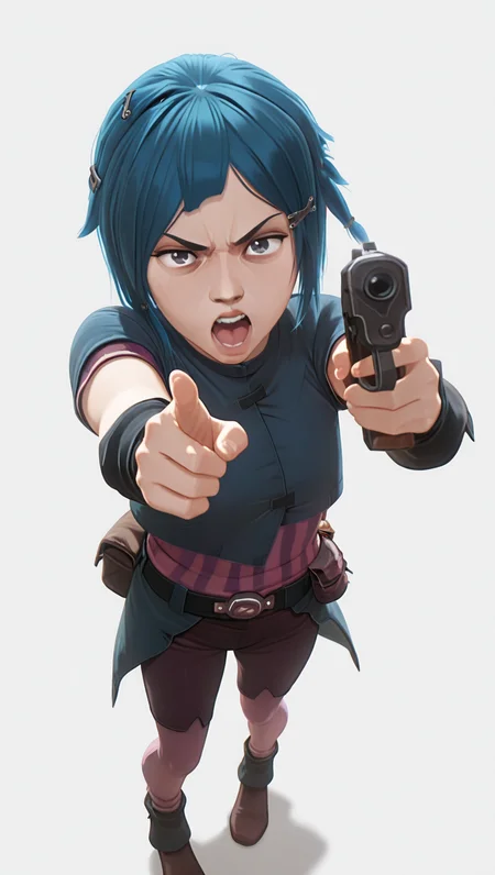 absurdres, masterpiece, best quality, 8k, PowderS1, 1girl, grey eyes, short hair, blue hair,  braid, asymmetrical bangs, hair clip, hair ornament, pink shirt, short sleeves, blue jacket, brown shorts, pink leggings, belt, pouch, black gloves, brown boots, full body, solo, simple background, from above, looking at viewer, standing, facing viewer, light grey background, fit to frame, (, holding gun, pointing gun at viewer), narrowed eyes, open mouth, upper teeth only, angry, high angle,