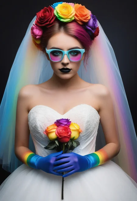 semi_realistic,1girl, upper body, detailed face, emo makeup, fluffy, rainb0w hair, veil, rainb0w bridal dress, bridal_veil, bridal_garter, elbow gloves, white ribbon, white silk, see-through, glasses, holding single rose flower, rainb0w rose, the contur of the petals glow eerily white, dim light, intricate details, horror theme, cementary, detailed background,
BL4CK3STBL4CK, black_theme, matte_color, flat color, diamondMW