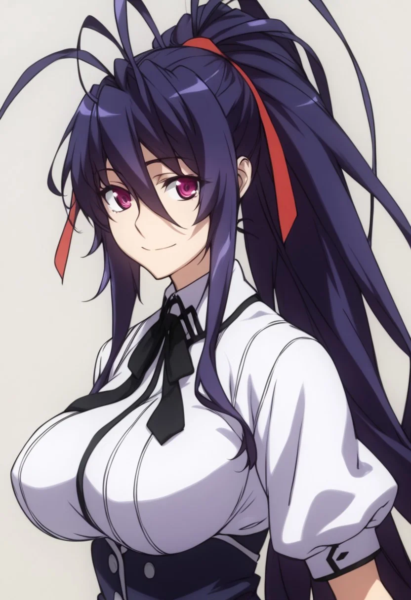 score_9, score_8_up, score_7_up,  
hdxdh3r0, hdxdh3r0styl3, 
1girl, solo, long hair, breasts, looking at viewer, smile, large breasts, simple background, black hair, ribbon, hair between eyes, very long hair, school uniform, purple eyes, hair ribbon, upper body, ponytail, purple hair,  antenna hair, himejima akeno