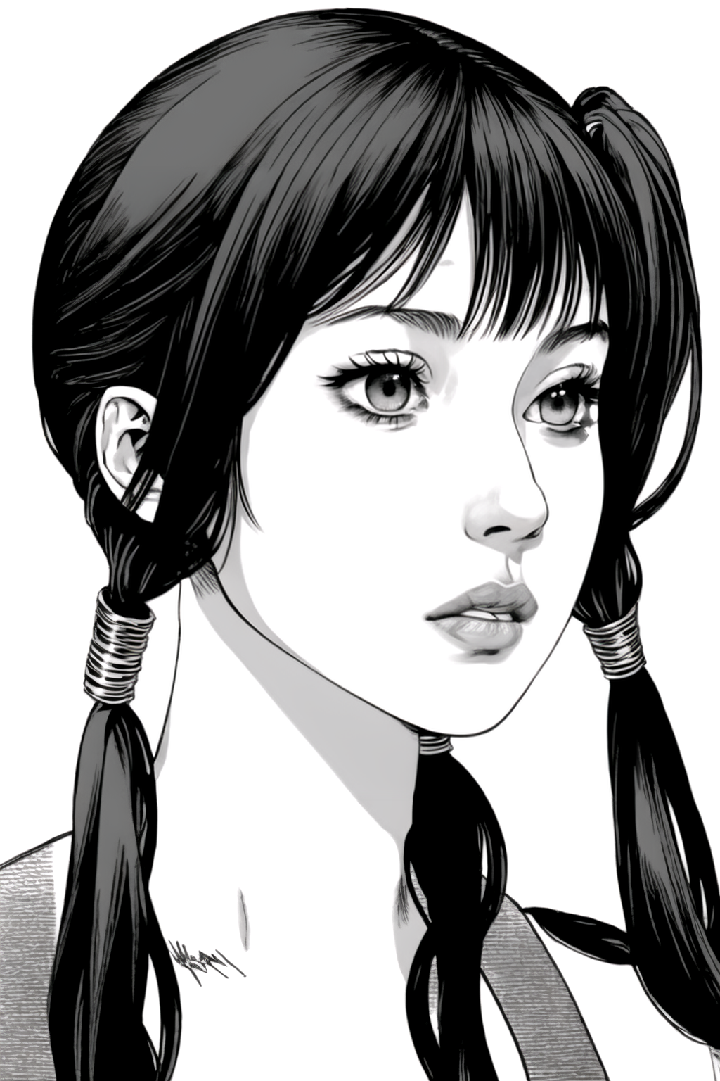 Line Art Styler, 1girl, solo, long hair, simple background, white background, twintails, closed mouth, monochrome, greyscale, signature, lips, portrait <lora:Line_Art_Lora:1.4>