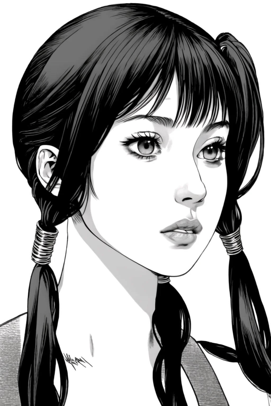 Line Art Styler, 1girl, solo, long hair, simple background, white background, twintails, closed mouth, monochrome, greyscale, signature, lips, portrait <lora:Line_Art_Lora:1.4>