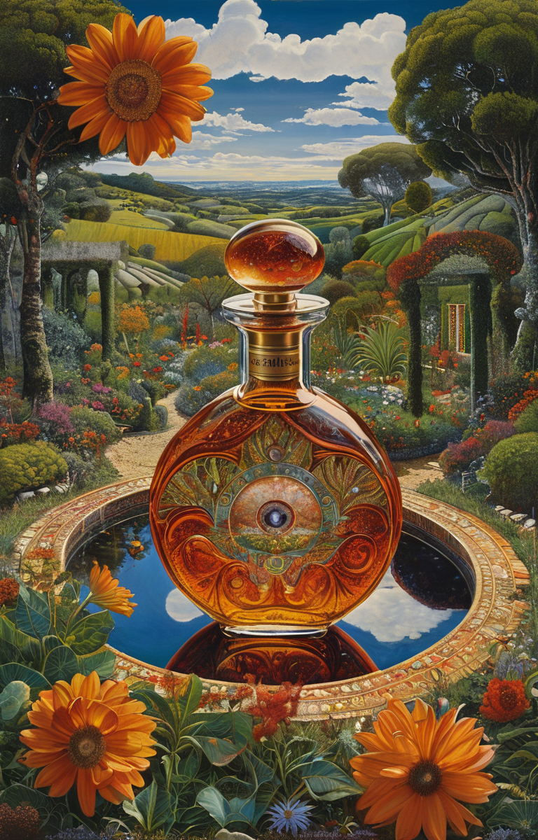 masterpiece,best quality,<lora:tbh376-sdxl:0.6>,illustration,style of Mati Klarwein, A bottle of perfume in garden