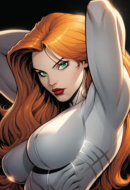 dskxadms, 1girl, solo, green eyes, breasts, large breasts, long hair, lipstick, lips, bodysuit, leotard, makeup, muscular, , orange hair, looking at viewer, black background, comic art style, specular highlights, side lighting, city view, outdoors, extreme light and shadow, cinematic lighting, cinematic angle, close up, arms behind head, natural lighting, score_9, score_8_up, score_7_up, score_6_up, score_5_up, score_4_up,