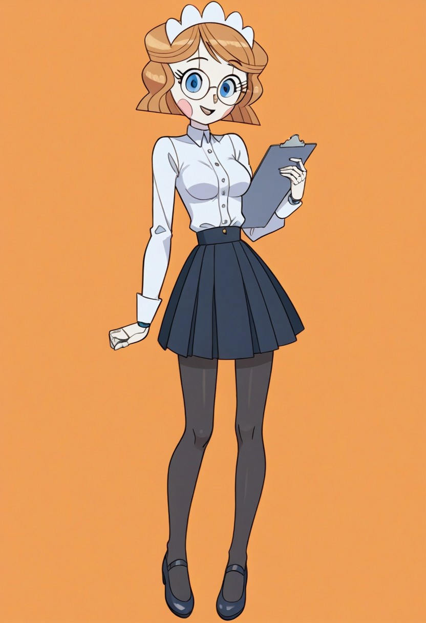 Score_9_up, score_8_up, score_7_up, BREAK 1girl, source_cartoon, emmytr, cybernetic skin, robot, cyborg, robotic,e-girl, Robot Girl, Robogirl, white skin,
Brown hair, medium breasts, cute,  blue eyes,
white dress shirt, long sleeves, full body, ((black skirt)), black shoes, mini skirt, pantyhose, 
 full body, standing, smile, clipboard, holding clipboard, round glasses,
Simple background, orange background
