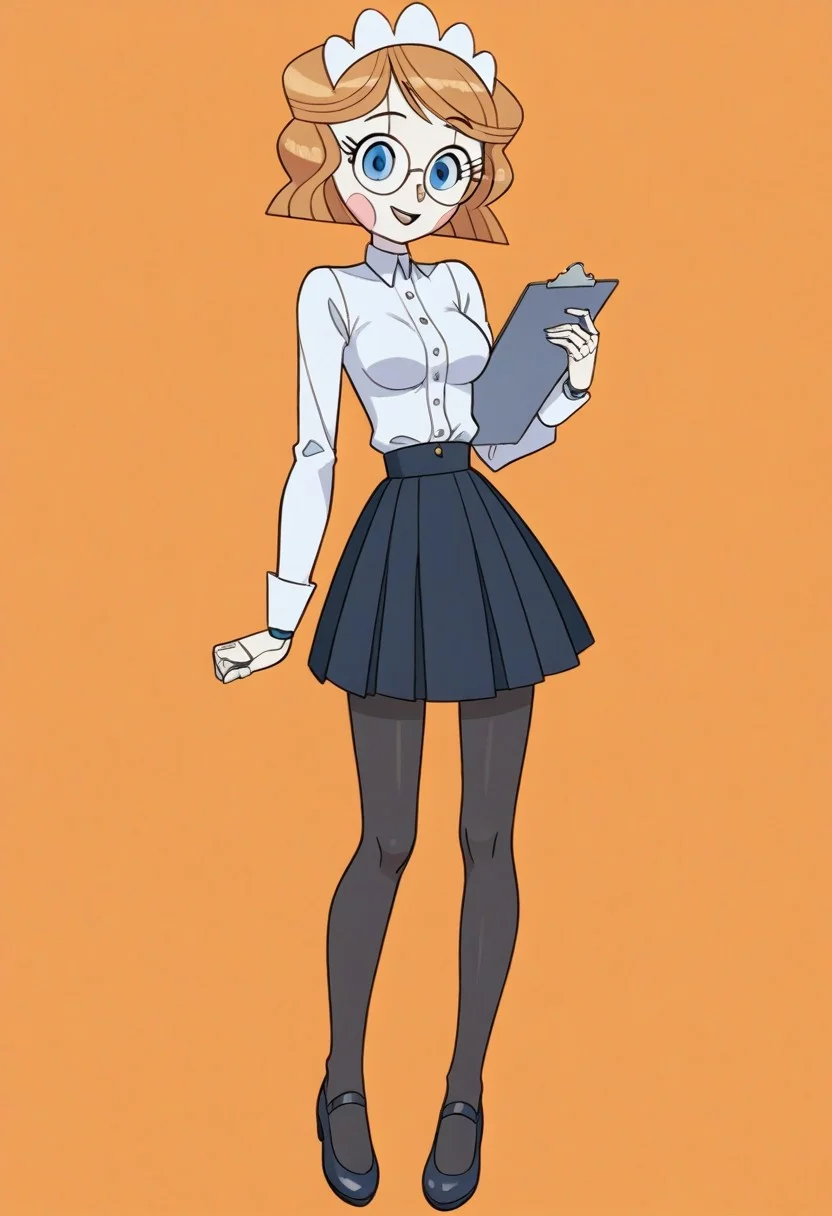 Score_9_up, score_8_up, score_7_up, BREAK 1girl, source_cartoon, emmytr, cybernetic skin, robot, cyborg, robotic,e-girl, Robot Girl, Robogirl, white skin,
Brown hair, medium breasts, cute,  blue eyes,
white dress shirt, long sleeves, full body, ((black skirt)), black shoes, mini skirt, pantyhose, 
 full body, standing, smile, clipboard, holding clipboard, round glasses,
Simple background, orange background