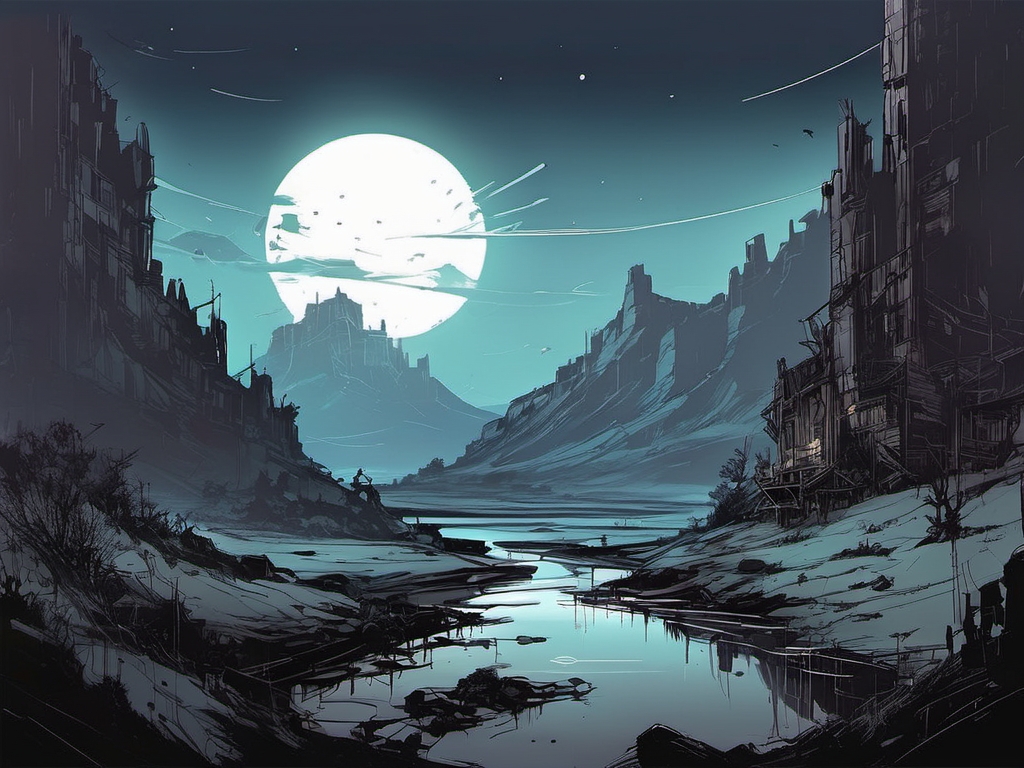 inkpunk style illustration concept art of a landscape, midnight, clear skies <lora:IPXL_v2:0.6>