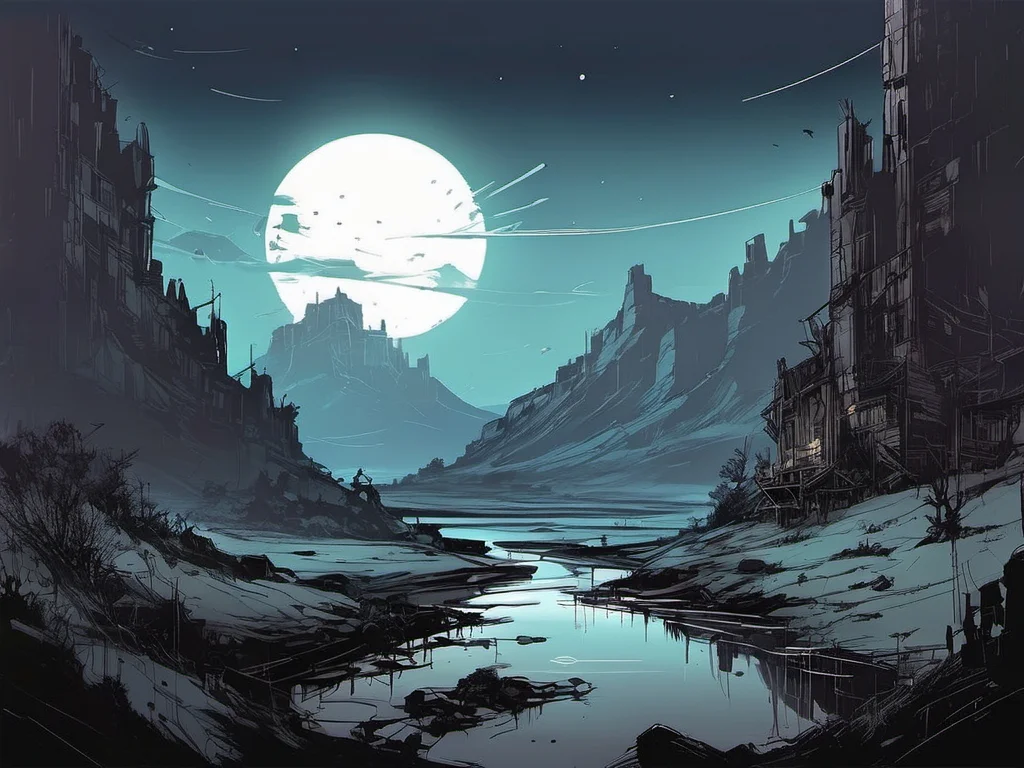 inkpunk style illustration concept art of a landscape, midnight, clear skies <lora:IPXL_v2:0.6>