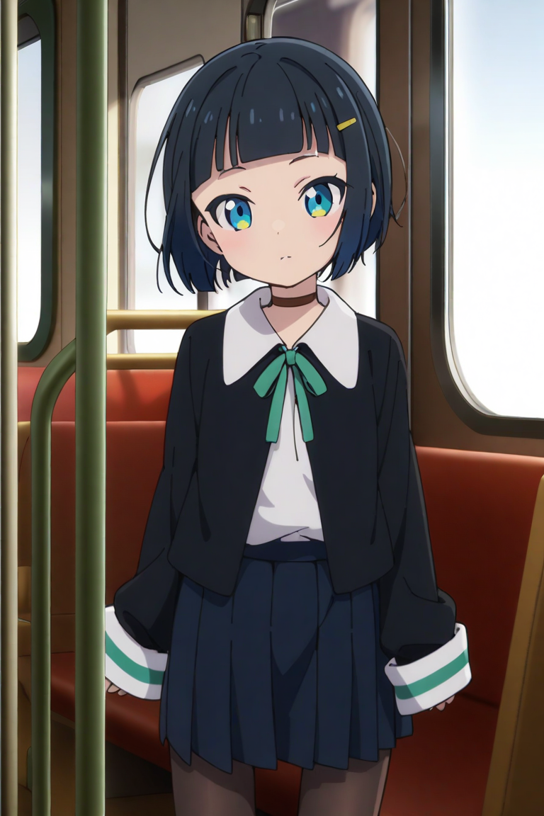 shinonome akira,1girl, solo, blue eyes, sleeves past wrists, skirt, shirt, jacket, blue skirt, closed mouth, choker, looking at viewer, white shirt, hair ornament, open clothes, black jacket, bangs, short hair, hairclip, ribbon, long sleeves, pleated skirt, open jacket, neck ribbon, green ribbon, collared shirt, black hair, blunt bangs, blue hair,shoes, pantyhose, train interior,
 <lora:shinonome akira A31 e1:0.85>