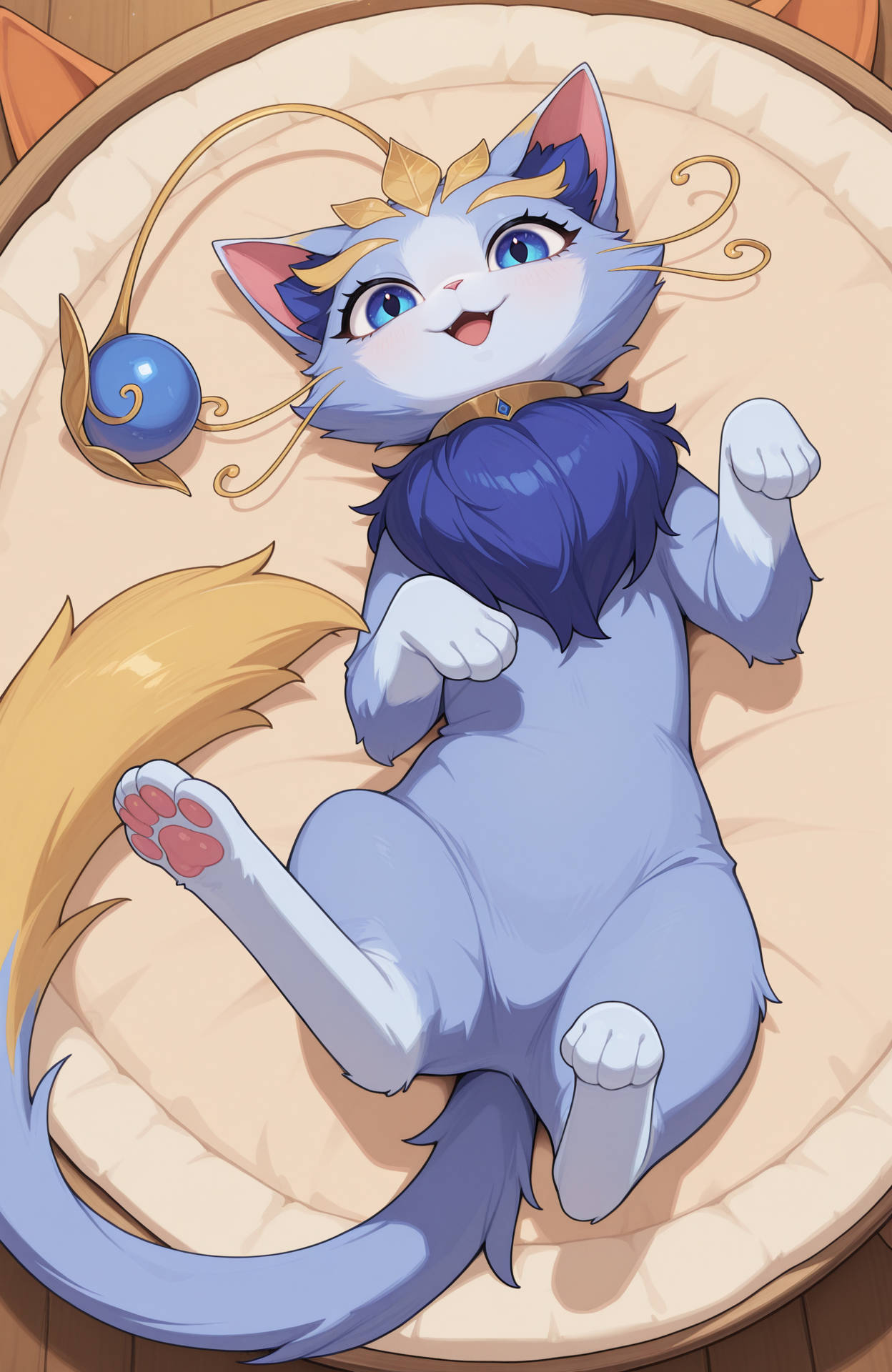 <lora:Yuumi_League_of_Legends_-_Illustrious:1> yuumi-default, antennae orb, female cat, feral female, solo, looking at viewer, happy, open mouth, :3, lying, on back, lying on a small pet bed, highres, high quality, masterpiece, best quality, very aesthetic, absurdres, newest, perfect quality, absolutely eye-catching
