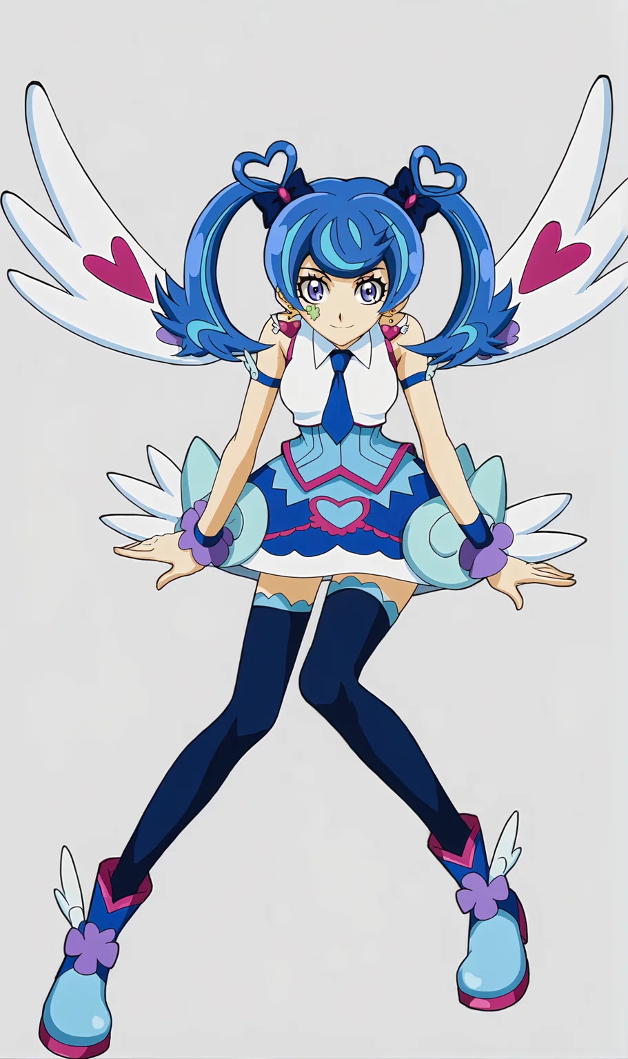 BA, 1girl, solo, blue hair, twintails, facial tattoo, purple eyes, heart earrings, choker, heart ahoge, hair bow, sleeveless shirt, arm band, wrist cuffs, zettai ryouiki, blue necktie, thighhighs, boots, wings, full body, looking at viewer, smile, simple background, white background, <lora:Blue Angel Pony XL:1>