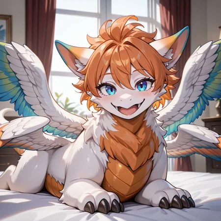 1girl, highres, absurdres, newest, masterpiece, best quality, furry, furry_female, flammie_mana, dragon, furred dragon, feathered wings, (four wings:1.5), color tipped wings, tail, claws, white fur, ((claws, short hair, orange hair:1.3)), orange underbelly, blue tipped wings, blue eyes, spread wings, (quadruped, feral:1.6), detailed eyes, (on belly, on_stomach), open_mouth, open mouth smile, luxurious detailed room, bright room, day scene, professional lighting, white bed, solo, bedroom, smiling, seductive, looking_at_viewer, masterpiece, close up, safe