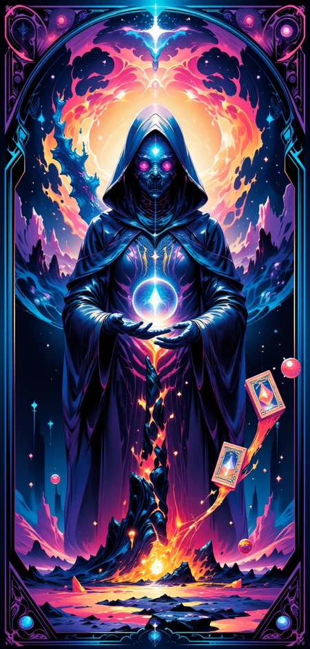 "A stylized Tarot card titled 'The Quantum Seer,' featuring a mystical figure cloaked in a robe that ripples like liquid metal, standing at the center of a swirling vortex of neon light and fractal patterns. The Seerâs face is obscured by a mask that shifts between states of matter, from solid to liquid to vapor, reflecting the infinite possibilities of the quantum realm. In one hand, the Seer holds a glowing crystal orb that contains a miniature, ever-changing galaxy, and in the other, a set of floating, holographic Tarot cards that flicker between realities. The background is a surreal blend of dreamlike landscapes and abstract, technetic shapes, creating a sense of both mystery and infinite potential. The cardâs border is adorned with intricate, geometric designs that pulse with a soft, otherworldly glow, in hues of deep blues and vibrant purples."
<lora:abstract_render_flux:0.4>,<lora:Painted_World_Flux:0.8>,<lora:Dreamwave_FLUX:0.6>,<lora:dreamlands_flux:0.6>,