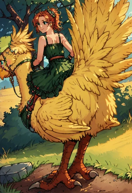 Bpb1,1girl,2d,Score_9, score_8_up, score_7_up, score_6_up,ginger girl  ,(riding a yellow chocobo), green dress, closeup, chocobo sprinting, outdoors, facing viewer, bird with 2 legs on ground