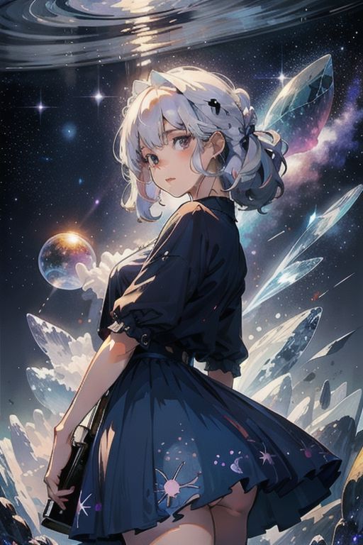 masterpiece,best quality,1girl,very wide shot,Dress - Gem - starry sky - fusion,((1girl)),underwater,Bright and colorful,{Atlantis},purple water,Sea of Stars,The Girl in the Giant Glass Bottle:5,((Huge glass bottle))- ((A huge white-haired girl)),bubbles,star pillow,((The Girl in Sleep)),cowboy shot:3,small breasts:5,skirt set,((doll)),<lora:Newspaper:1>,