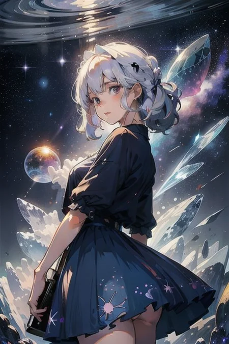 masterpiece,best quality,1girl,very wide shot,Dress - Gem - starry sky - fusion,((1girl)),underwater,Bright and colorful,{Atlantis},purple water,Sea of Stars,The Girl in the Giant Glass Bottle:5,((Huge glass bottle))- ((A huge white-haired girl)),bubbles,star pillow,((The Girl in Sleep)),cowboy shot:3,small breasts:5,skirt set,((doll)),<lora:Newspaper:1>,