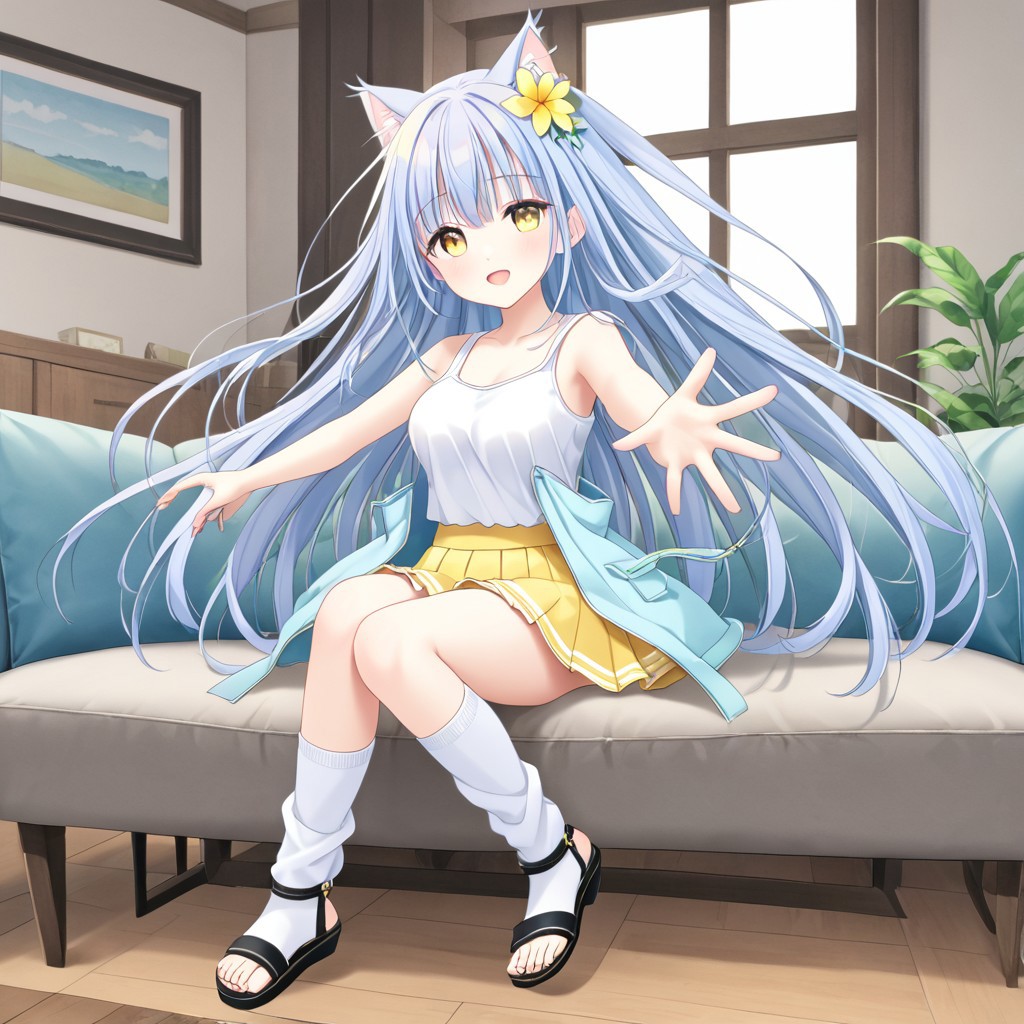 - a girl with blue hair with original hair style 
- A soft cotton ,light-blue tanktop 
- A flowy, pastel-yellow skirt (just above the knee)
- White knee-high socks
- A pair of black sandals
- living room 
- tulip flower tatoo on left arm
- high ponytails hair style (1.5)