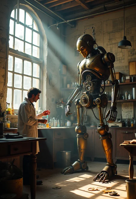 photo of a scientist conducting experiments in a lab,the background is a Clockwork Robot Inventor's Workshop: Inside a cluttered workshop filled with gears, cogs, and half-finished inventions, a brilliant inventor works on a massive, clockwork robot. The robot, built from brass and steel, stands tall in the center of the room, its internal mechanisms exposed, ticking and whirring with life. The walls of the workshop are lined with blueprints, sketches, and tools, and the air is thick with the smell of oil and steam. Sunlight streams through the dusty windows, casting a warm glow on the scene. The atmosphere is one of creativity and genius, as the inventor brings their mechanical creation to life.,