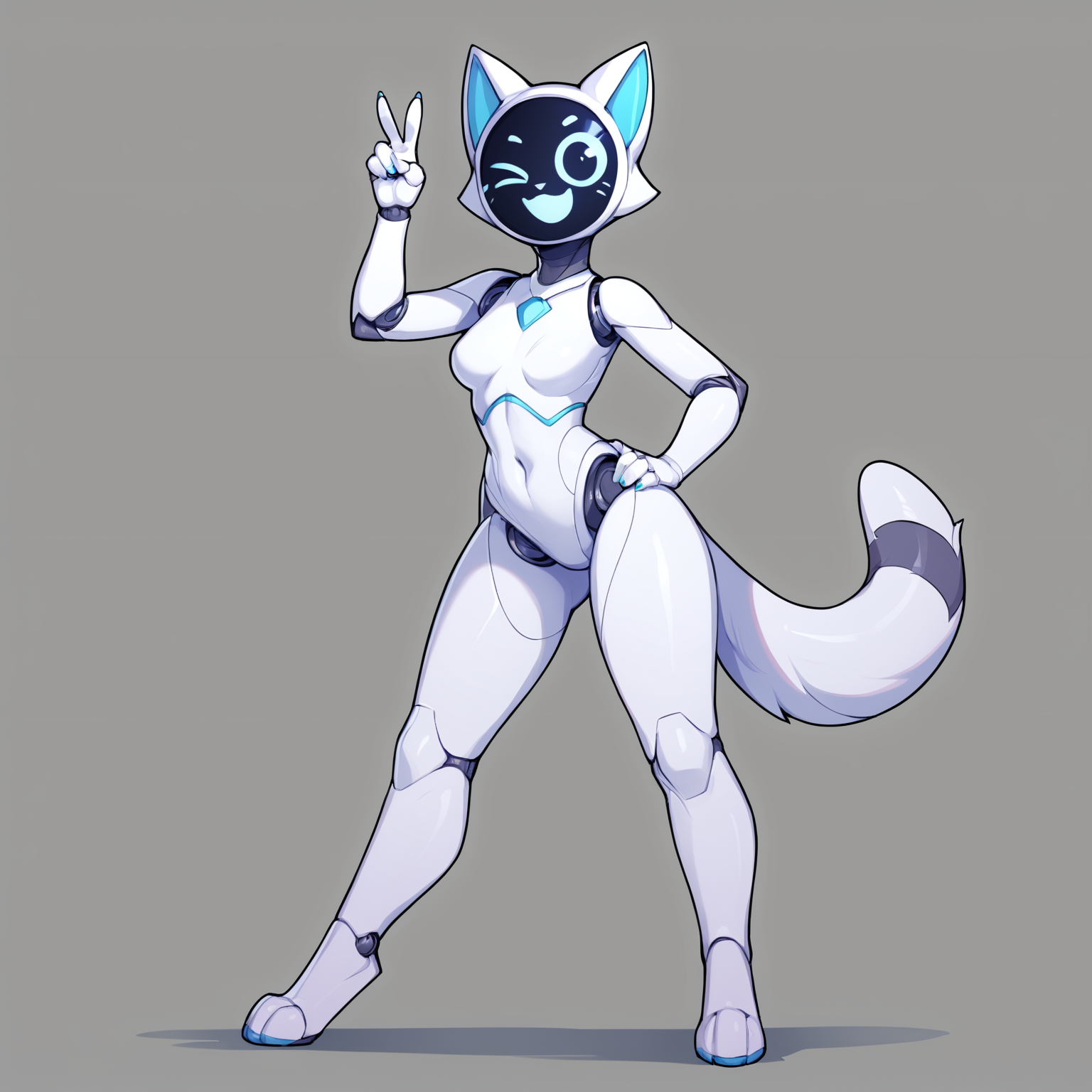 score_9, score_8_up <lora:Kerfus-PONY:0.8> kefus, anthro, joints, white body, female, solo, full body, standing, looking at viewer, smile, wink, peace sign, hand on hip