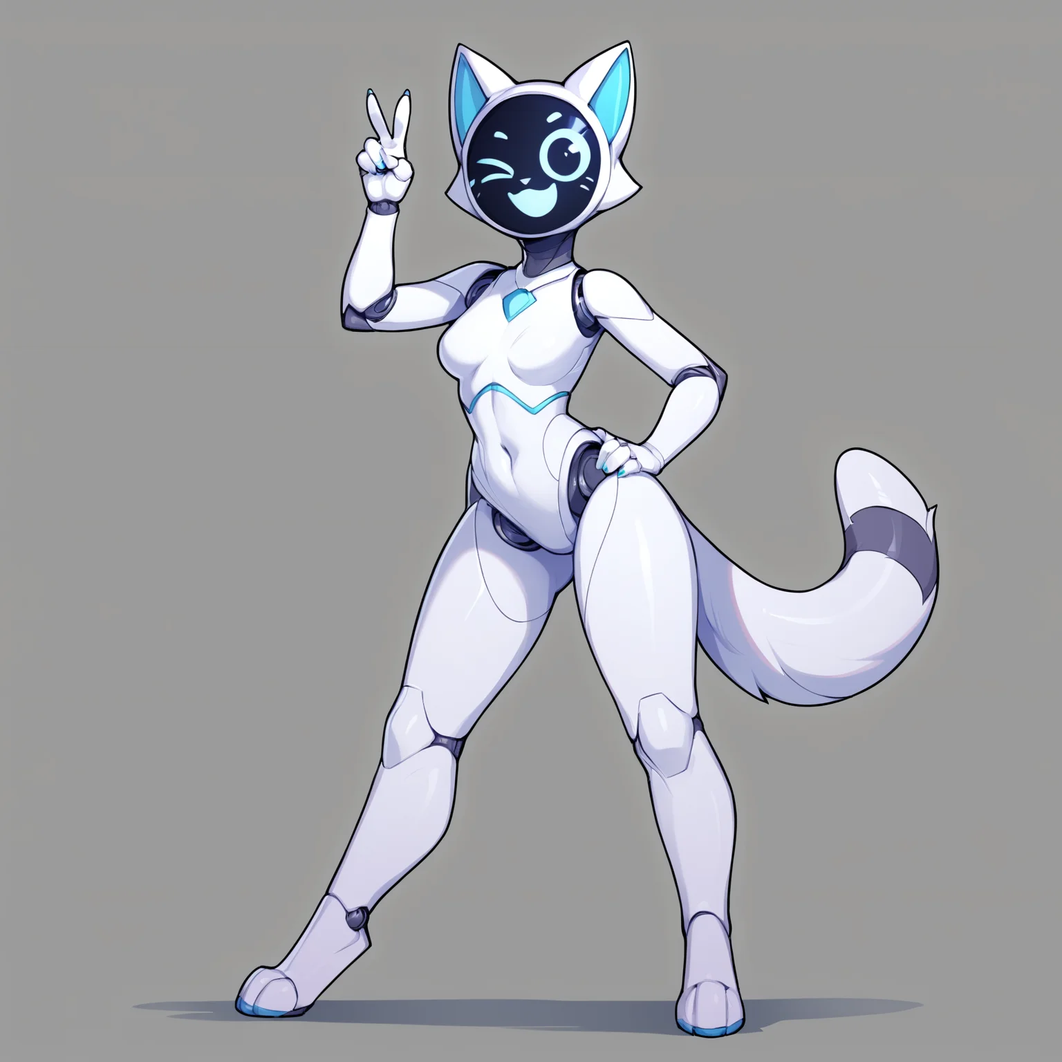 score_9, score_8_up <lora:Kerfus-PONY:0.8> kefus, anthro, joints, white body, female, solo, full body, standing, looking at viewer, smile, wink, peace sign, hand on hip