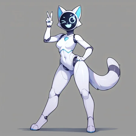 score_9, score_8_up <lora:Kerfus-PONY:0.8> kefus, anthro, joints, white body, female, solo, full body, standing, looking at viewer, smile, wink, peace sign, hand on hip