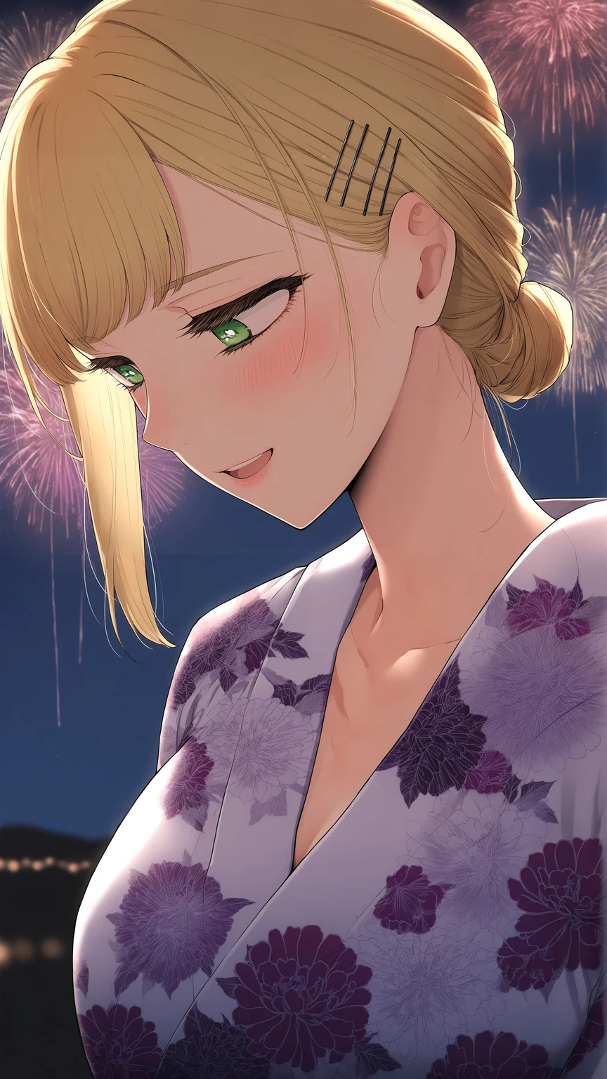 masterpiece, best quality, amazing quality, Smooth Quality,kakei hinako, ane no tomodachi, 1girl, solo, medium breasts, blonde hair, green eyes, gyaru, long hair, <lora:kakei_hinako_ane_no_tomodachi-illustrious-v-1-1:0.9>, blush, smile, open mouth, bangs, night, fireworks, upper body, japanese clothes, kimono, single hair bun, looking down, looking away, hair ornament,